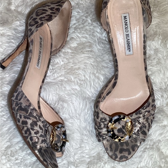 Manolo Blahnik Sedaraby Metallic Leopard Print D'Orsay Peep Toe Heel Size 10.5 - Picture 2 of 6
